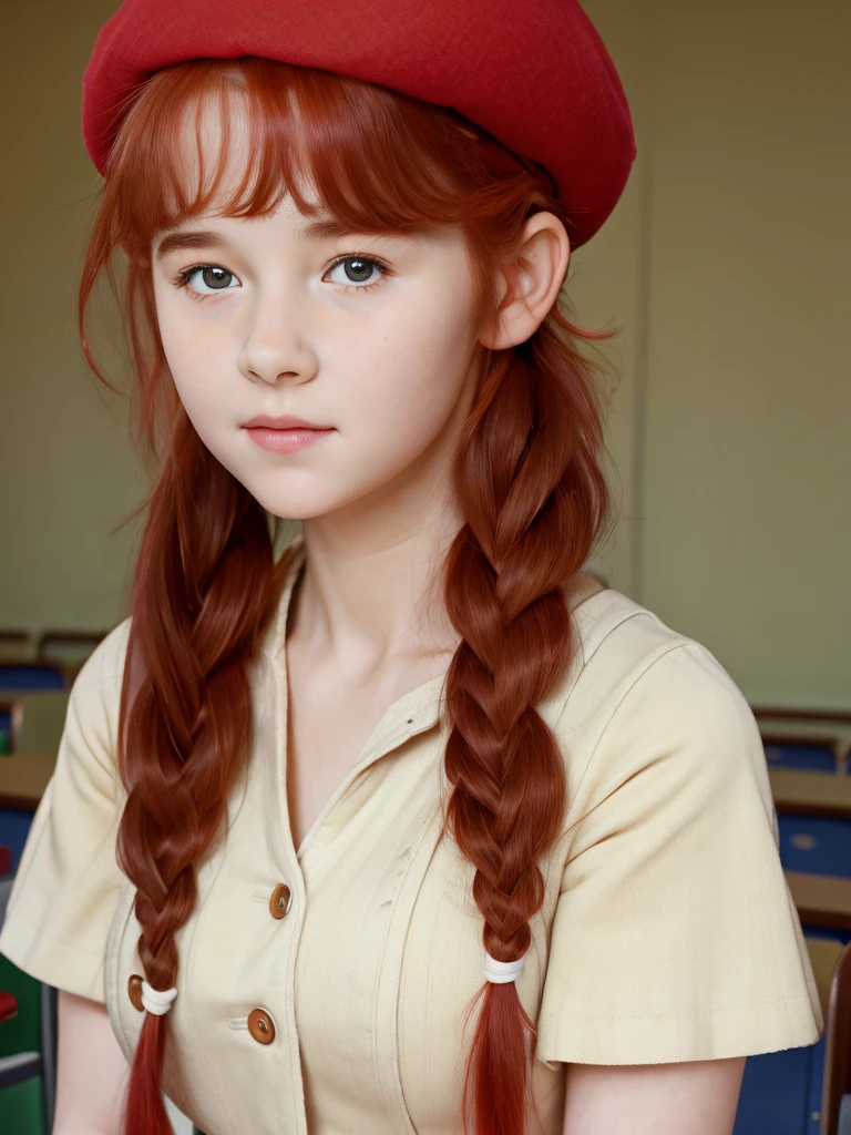 (best quality,4k,8k,highres,masterpiece:1.2),ultra-detailed,(realistic,photorealistic,photo-realistic:1.37), ((classroom, school girl, she wears beret, shy, braided red hair, pale skin)), ((slim body, very large bust size for her young age))