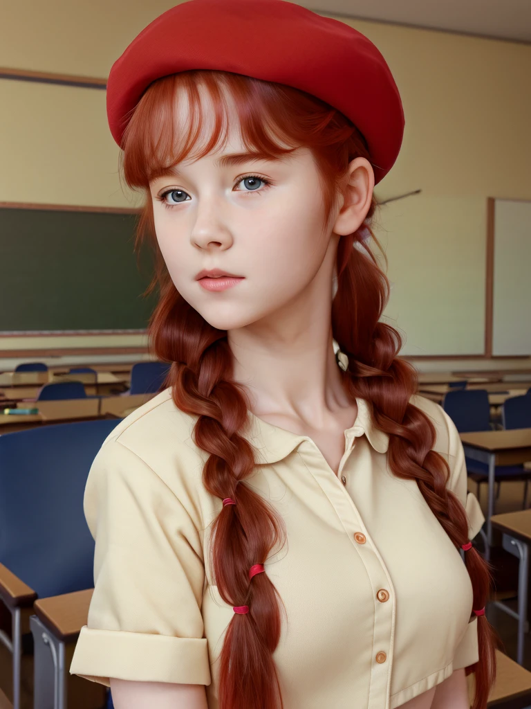 (best quality,4k,8k,highres,masterpiece:1.2),ultra-detailed,(realistic,photorealistic,photo-realistic:1.37), ((classroom, school girl, she wears beret, shy, braided red hair, pale skin)), ((slim body, very large bust size for her young age))