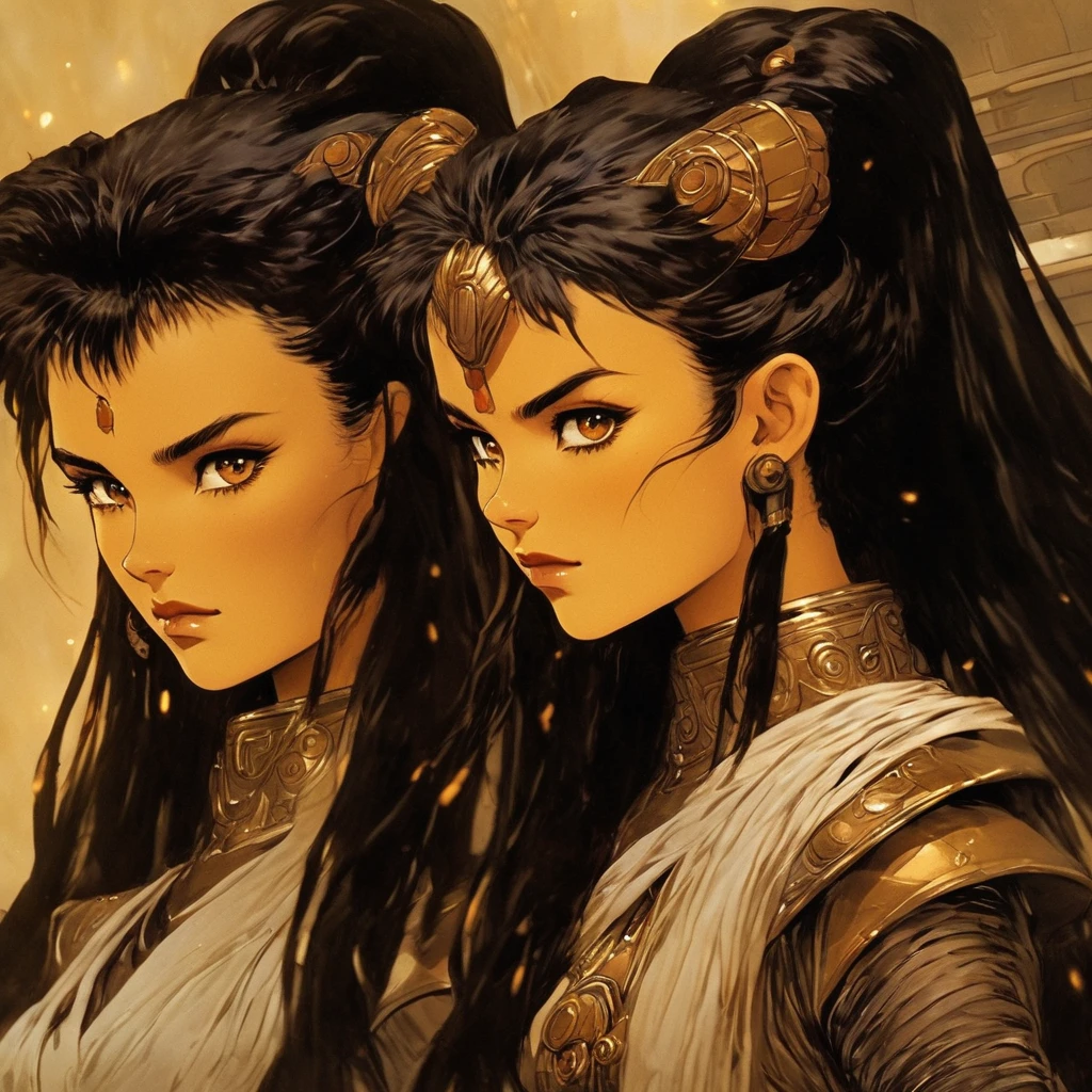 (Sci-fi fantasy), (Masterpiece)Very HD Higher Res work very animated almost anime like look (Sci-fi fantasy), (Masterpiece)star wars attractively represented depicted pairs of younger yuuzhan vong females attractiveYuuzhan Vong were also much taller and had heavier buildsYuuzhan Vong had had kinda high sloping foreheads Yuuzhan Vong also had quite short,almost cute stubby tip-like noses, making their faces appear a attractive kinda sort skullish-like Yuuzhan Vong usually had dark blackish usually longish hair yellowish skin tone with vulcan like pointed ears