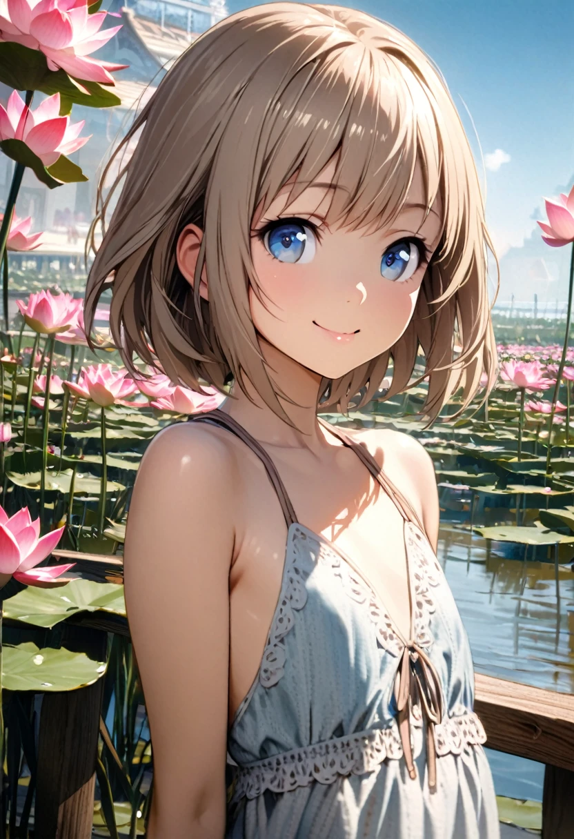 1 girl, 18yo, (flat chest: 1.5), blue eyes, light brown hair, bob cut, early summer outfit, smiling, posing, having fun, upper body, A lotus pond with many blooming lotus flowers, boardwalk, blue sky, 8k, RAW photo, best quality, masterpiece, extremely detailed 8k wallpaper, ultra-detailed, best shadow, detailed background, beautiful detailed face, beautiful detailed eyes, nice hands, perfect hands