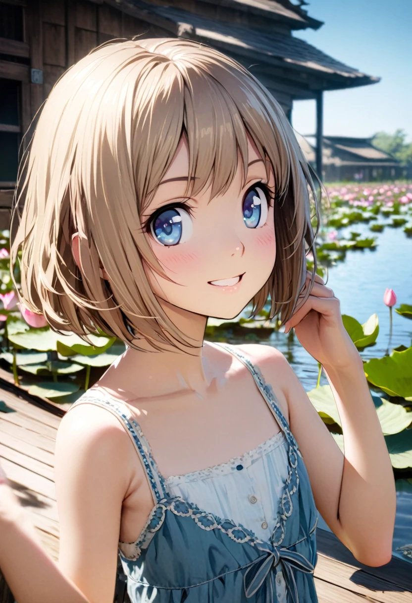 1 girl, 18yo, (flat chest: 1.5), blue eyes, light brown hair, bob cut, early summer outfit, smiling, posing, having fun, upper body, A lotus pond with many blooming lotus flowers, boardwalk, blue sky, 8k, RAW photo, best quality, masterpiece, extremely detailed 8k wallpaper, ultra-detailed, best shadow, detailed background, beautiful detailed face, beautiful detailed eyes, nice hands, perfect hands