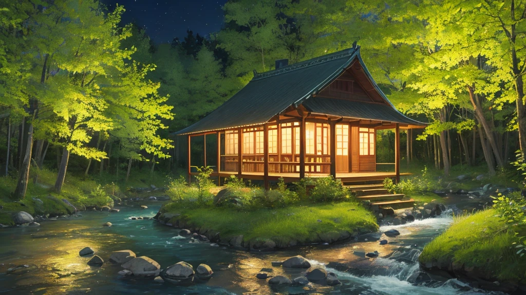 A forest at night where you can hear the murmuring of a river、I can see the hut