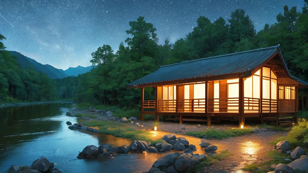 A forest at night where you can hear the murmuring of a river、I can see the hut