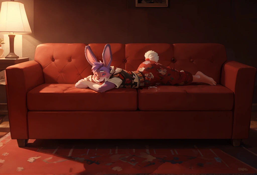 (((Barefoot furry character, full body, cinematic setting, furry male, plantigrade))) 

Cornelius, purple fur muscular bunny, red pajama, lying on sofa, open mouth, ((drooling)), ((hypnotic red glow in his eyes))

BREAK, intricate details, highly detailed, extreme detail, octane render, fine art, best quality, highres, (detailed face:1.5), ((full_body)), UHD, (((perfect hands))), low light