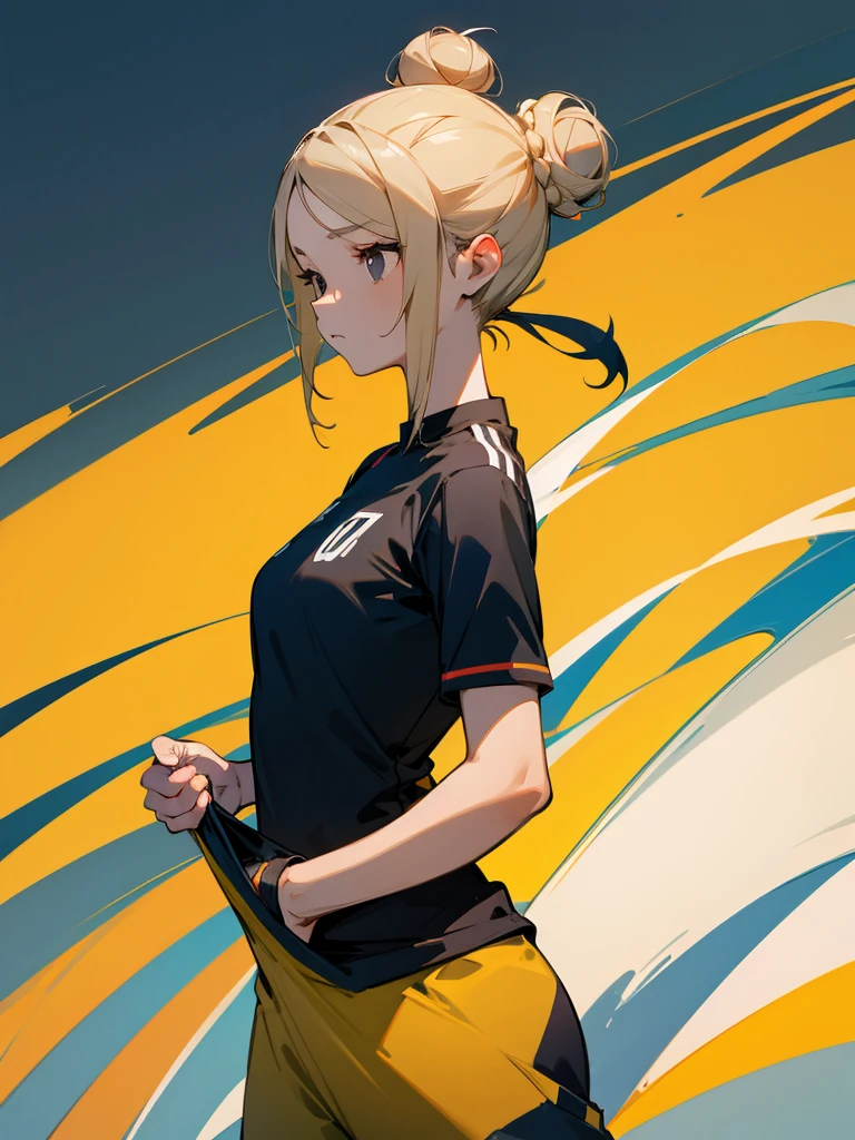 1female, soccer play, flowing black hair with blonde highlights, tied up bun hair, black eyes, soccer jersey, expressionless, soccer field background, detailed background, hands to side, standing on path