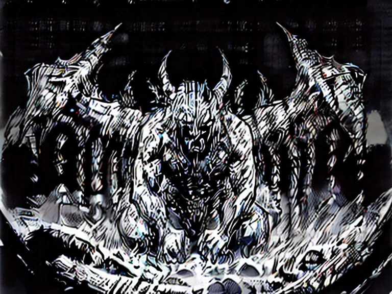 monochrome).(rule of thirds),((hyper-realistic illustration:1.4)), InkStyle. A group of grotesque low level demons, with razor sharp fangs and claws, gnashing teeth. dark mood, single light source, wide angle shot, film grain. Masterpiece, best quality(highly detailed:1.2),(detailed face and eyes:1.2), depth of field, 8k wallpaper, natural lighting, core shadows, high contrast, bokeh.