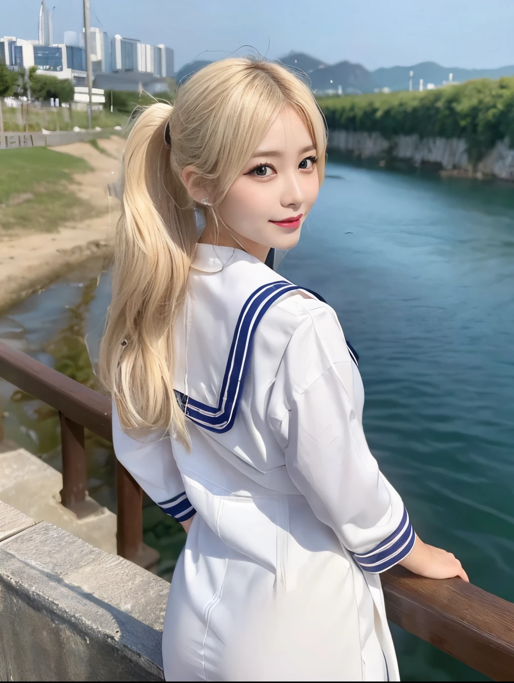 (Cowboy Shot:1.3),( Masterpiece, Highest quality), 98k, ((Perfect ???????:1.2)),Beautiful Japanese Women, Succubus,(One person:1.3), 20-year-old, Small face,(Cute face:1.2),Smiling, Larger breasts, ,Beautiful and detailed eyes, Evenly spaced eyes 1.2, long platinum blonde hair,(ponytail:1.2), (Highly detailed face and skin texture), Beautiful face in golden proportions,White skin,(Sailor suit:1.2),Random sexy poses、(Expose the valley:1.3),(Exposing your thighs:1.2),Gal Makeup