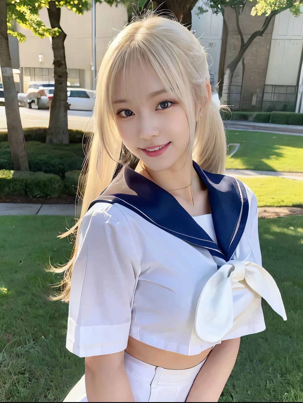 (Cowboy Shot:1.3),( Masterpiece, Highest quality), 98k, ((Perfect Anatomy:1.2)),Beautiful Japanese Women, Succubus,(One person:1.3), 20-year-old, Small face,(Cute face:1.2),Smiling, Larger breasts, ,Beautiful and detailed eyes, Evenly spaced eyes 1.2, long platinum blonde hair,(ponytail:1.2), (Highly detailed face and skin texture), Beautiful face in golden proportions,White skin,(Sailor suit:1.2),Random sexy poses、(Expose the valley:1.3),(Exposing your thighs:1.2),Gal Makeup