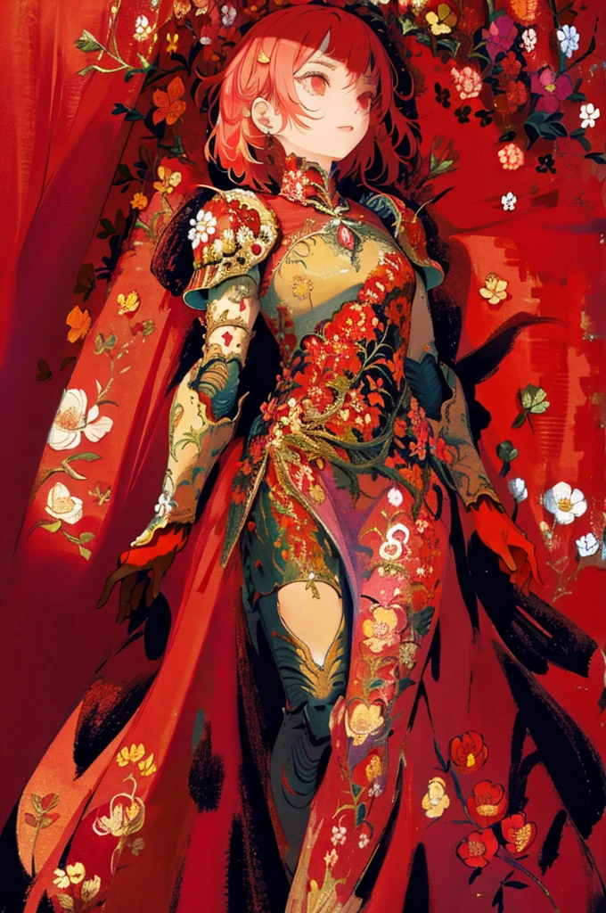 woman, flower dress, colorful, darl background,flower armor,red theme,
