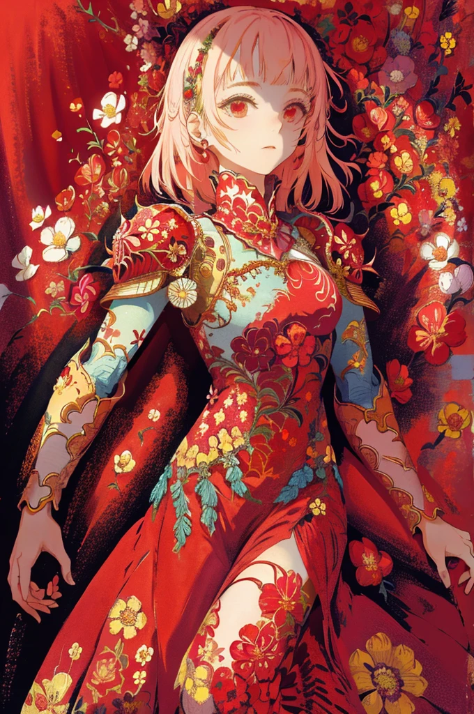 woman, flower dress, colorful, darl background,flower armor,red theme,