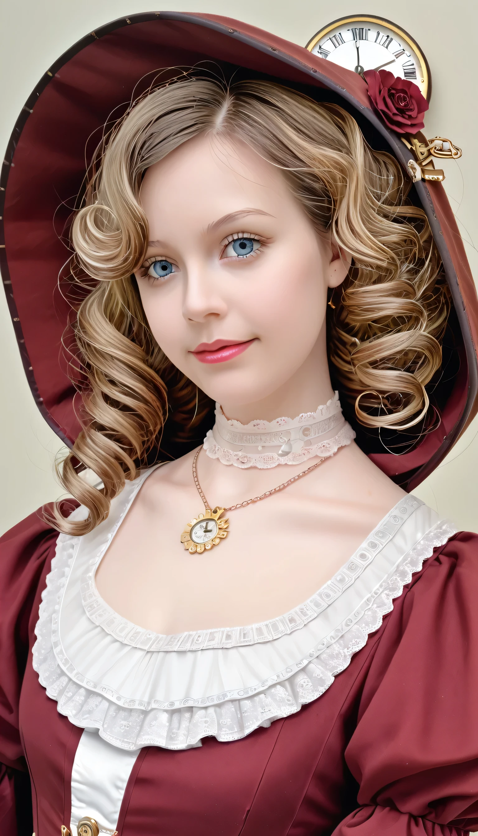 close up, Straight blond short curly hair red riding hood, Clock on necklace, (Victorian Era), ((Steampunk)), photography, Work, elegant, meticulous, Gorgeous, Maximum details, Extreme pursuit of aesthetics, Complex details, Lots of gears, Old town background