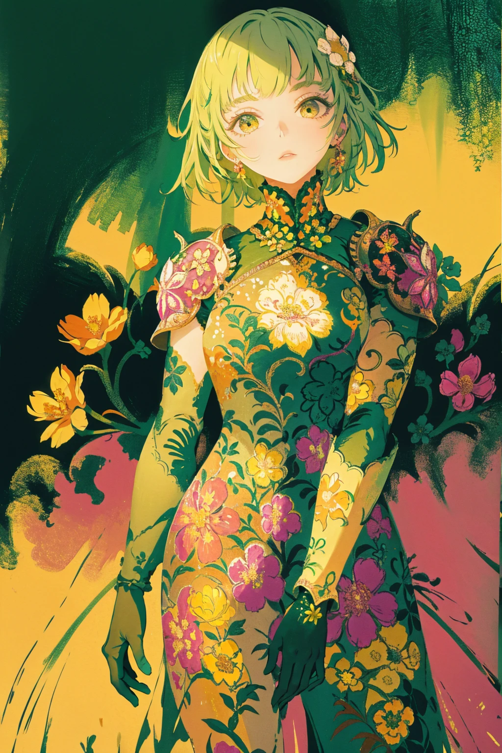 woman, flower dress, colorful, darl background,flower armor,green theme,