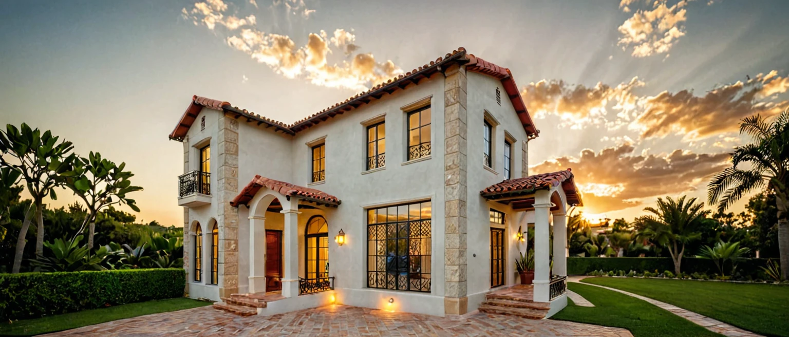 RAW photo,Masterpiece, high quality, best quality, authentic, super detail,
Red Tile Roof: The house features a characteristic red tile roof with a slightly curved shape, adding to the Mediterranean aesthetic.
Stone and Stucco Facade: The exterior combines stone and stucco, providing texture and visual interest. The stone elements on the upper portion add a rustic charm.
Green Shutters and Arched Windows: The windows have green shutters, contributing to the overall color scheme and providing functionality. The arched windows are a classic Mediterranean feature, allowing for ample natural light and enhancing the architectural elegance.
Balconies and Railings: Small balconies with decorative railings add depth to the facade and offer outdoor space.
Symmetrical Design: The design is balanced and symmetrical, with a central entrance flanked by evenly spaced windows and doors.
Lush Landscaping: The surrounding garden features manicured bushes, tall cypress trees, and potted plants, creating a lush and inviting environment. The use of greenery enhances the connection to nature.
Grand Entrance: The steps leading to the main entrance create a sense of grandeur and formality. The large potted plants along the steps add a welcoming touch.
(high detailed :1.2), 8k uhd, dslr, soft lighting, high quality, film grain, Fujifilm XT3