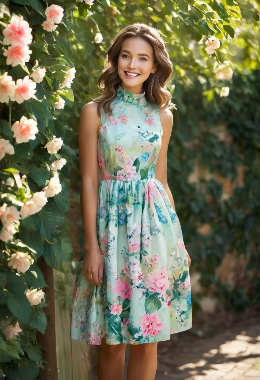 Create a photo illustration of a cheerful young woman in an outdoor setting with the following characteristics: Hair: Color: Light brown. Style: Long and wavy, pulled up into a high half-ponytail with the rest flowing down her back. Facial Expression: Mood: Happy and content. Details: A gentle, smiling expression with slightly rosy cheeks. Outfit: Dress: A sleeveless, high-neck floral dress with a light and airy fabric. The pattern should consist of small, delicate flowers in pastel colors. Accessories: Bag: A light-colored shoulder bag with a woven or textured material. Pose: Arms: One arm extended out to the side, as if gesturing to the surroundings, and the other arm hanging naturally at her side. Background: Setting: Outdoor scene. Details: A white wall in the background with some greenery at the base. Vibrant pink flowers blooming on a tree or bush, with branches extending over the wall and into the frame. A "No Parking" sign affixed to the wall.Subtle shadows indicating a sunny day. Lighting and Shading: Lighting: Bright sunlight casting natural shadows. Shading: Soft shading to highlight the contours of the face, hair, and dress, with emphasis on the play of light on the floral pattern. Overall Style: Art Style: photo-realistic with clean lines and vibrant colors. Mood: Cheerful and serene, capturing the essence of a carefree day outdoors.