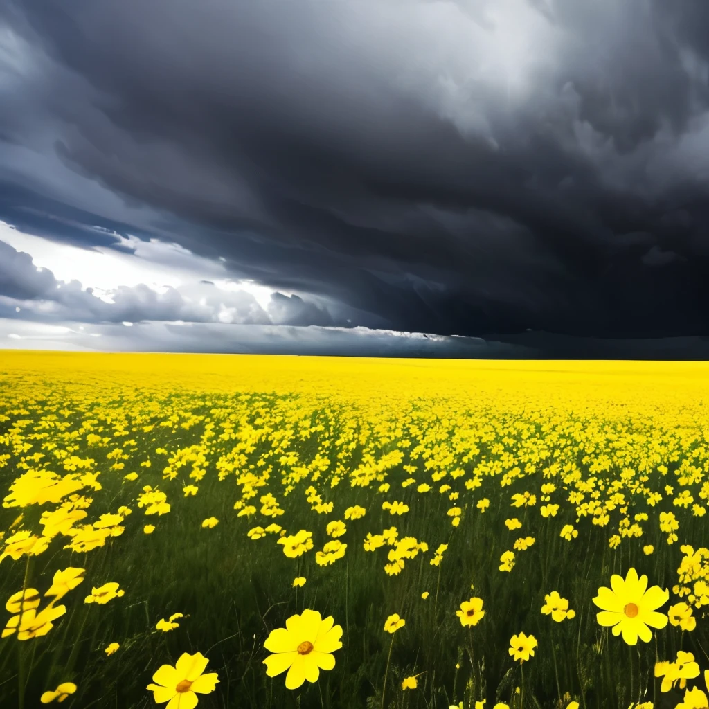 arafed view of a field of yellow flowers with a dark sky, a picture by Gerard Soest, flickr, color field, beautiful and ominous, bad weather approaching, vibrant but dreary gold, against a stormy sky, ominous beautiful mood, ominous photo, stormy day, yellow and greens, storm in the distance, storm in distance, yellow and green