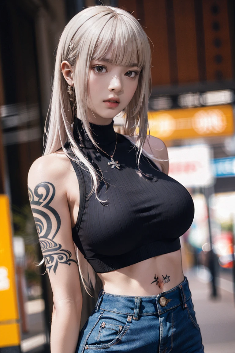 Beautiful college girl in the city，masterpiece，light makeup，Red lips，Silver Hair，Disheveled long hair，Street background，Grace，Grace。超微細ディテールのmasterpiece，Authentic texture，Realism in film lighting，Perfect piece，8k，khd，Delicate facial features，White skinny turtleneck top，white skinny shorts，Slim figure，Big bright eyes，Smooth Skin，Ear discharge，Choker Necklace,(((He has many tattoos all over his body)), (((Tight waist))), ((Big Breasts)),(See through)，panties,(NSFW:0.5)