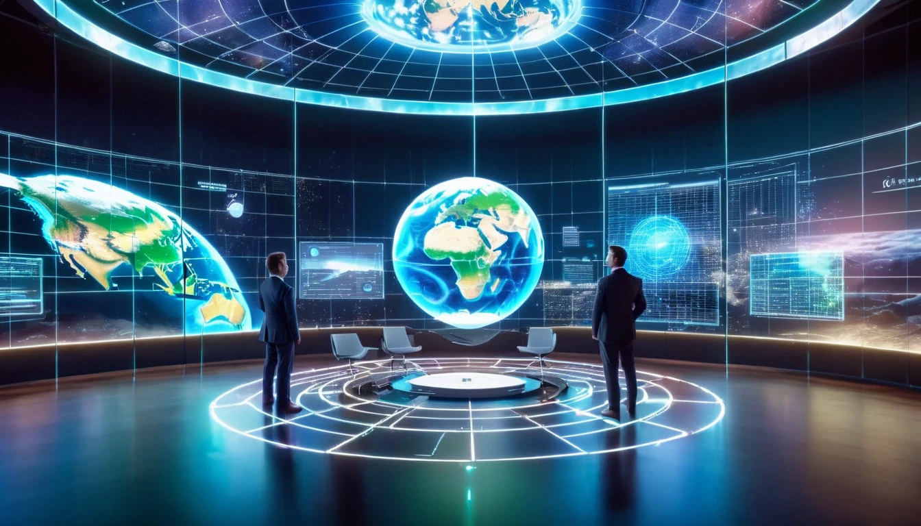 high-tech meeting room where business professionals are engaging with a large, detailed hologram of the Earth in the center of the room. The hologram shows various data points and analytics. The room features minimalist design with glass walls and advanced communication devices, realistic, 8K, masterpiece, very details, super focus.