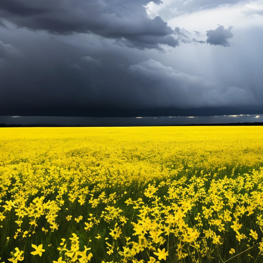 arafed view of a field of yellow flowers with a dark sky, a picture by Gerard Soest, flickr, color field, beautiful and ominous, bad weather approaching, vibrant but dreary gold, against a stormy sky, ominous beautiful mood, ominous photo, stormy day, yellow and greens, storm in the distance, storm in distance, yellow and green