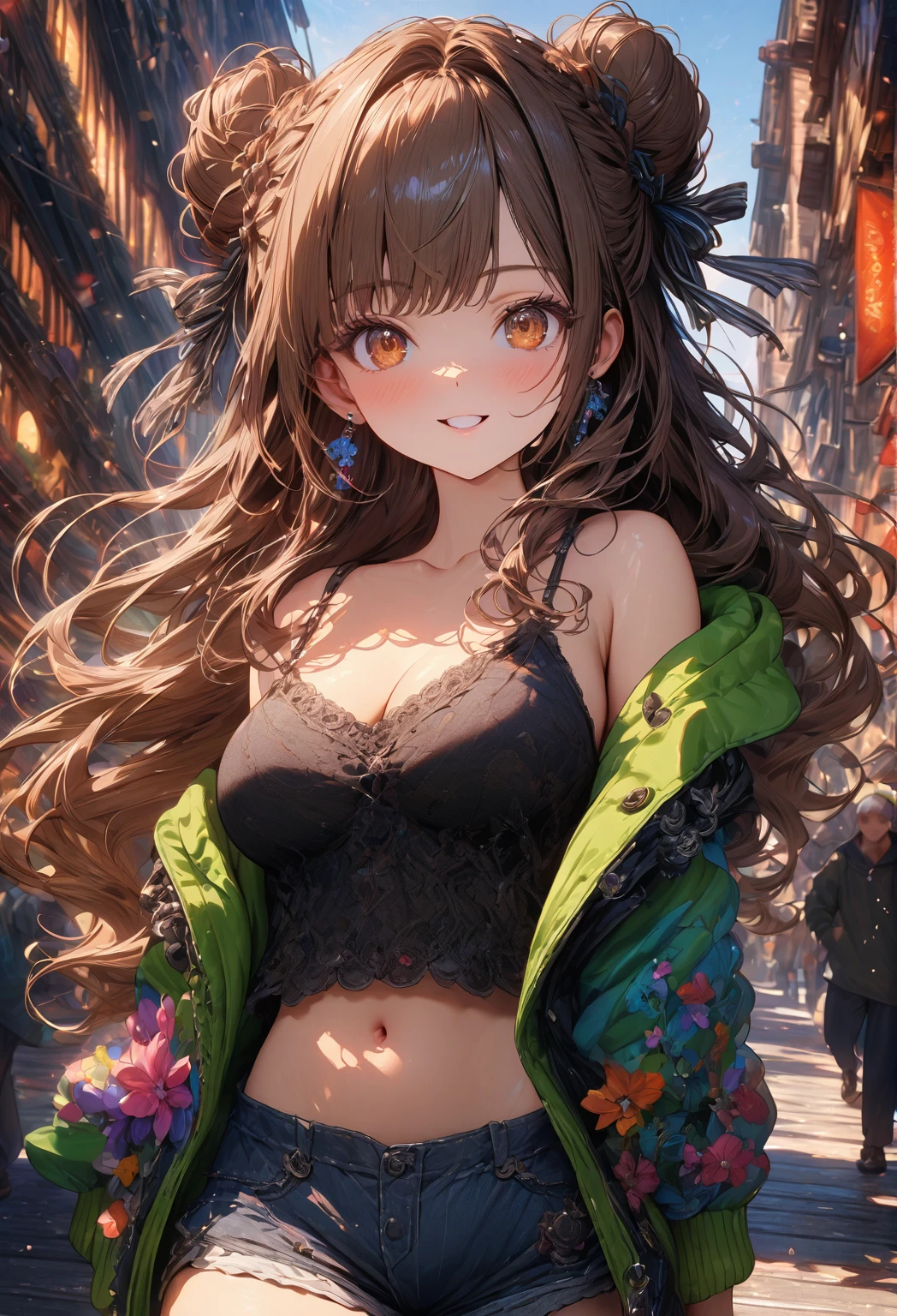 ((masterpiece:0), best quality, very aesthetic, newest, absurdres, detailed, high quality)
BREAK
highest quality, top quality, details, highres, ultra fine painting, digital art, official art, cinematic, 4k, 8k resolution, 8K CG wallpaper, CG, original artwork, detailed background, colorful background, blue atmosphere, High Dynamic Range, blurry background, blue hour, Starburst effects, crepuscular rays, good ISO, high resolution, wide shot, from far away, RAW photo, POV, sharp focus, light reflection, reflections, intricate details, soft light, particle noise, professional photography, bokeh, depth of field, natural lighting, vibrant colors, looking away, detailed lights and shadows, stylish, ultra-detailed, top rated on Pixiv, trending on Artstation, niji style, modern-days, master crafted, pose
BREAK
solo, 1girl, a girl, correct fingers, detailed skin, (medium big breasts:1.2), big thighs, short torso, short body, flushtered, happy expression, smile, casual, slim, ((cute, childlike face):1.3), nice hips, nice body, brown hair, (long flowing hair:1.1), big 2 buns hairstyle, long bangs, long hair, middle hair bangs, brown eyes
BREAK
(black string tank top, off shoulder open green hoodie, tummy skin:1.1, open unbuttoned shorts, many colors outfit ornaments)
BREAK
a close up of a person walking down a street with a crowd of people, crowded street, crowded streets, in front of a large crowd, giant crowd, girl walking through city, people walking down a street