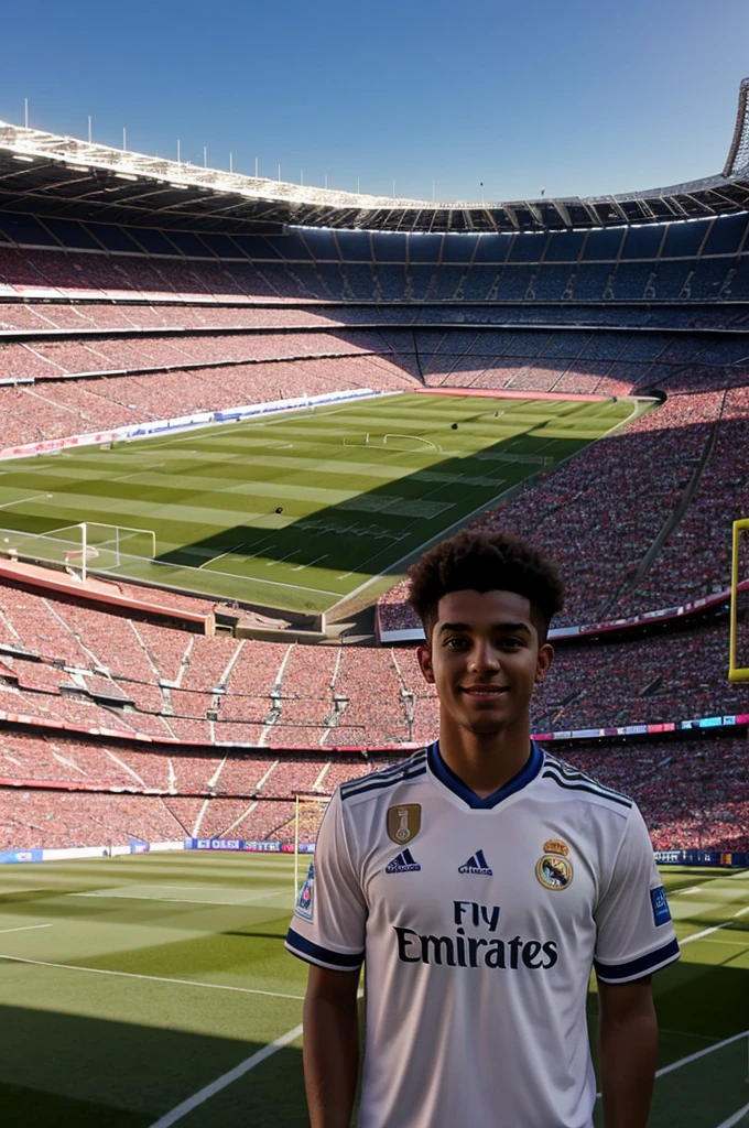 A young man in a football stadium, with the real madrid shirt that bears the name 'Mateo' and the number '10' on the back. Lleva una gorra con el logotipo del equipo. The stadium is full and the sun is setting, creating a warm and golden atmosphere." genera una imagen minimalista