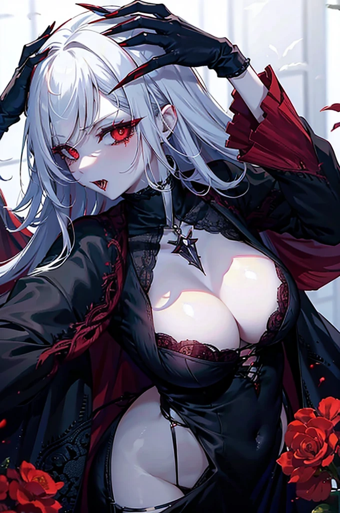 Vampire, pale skin, red eyes, fangs, voluptuous, milf