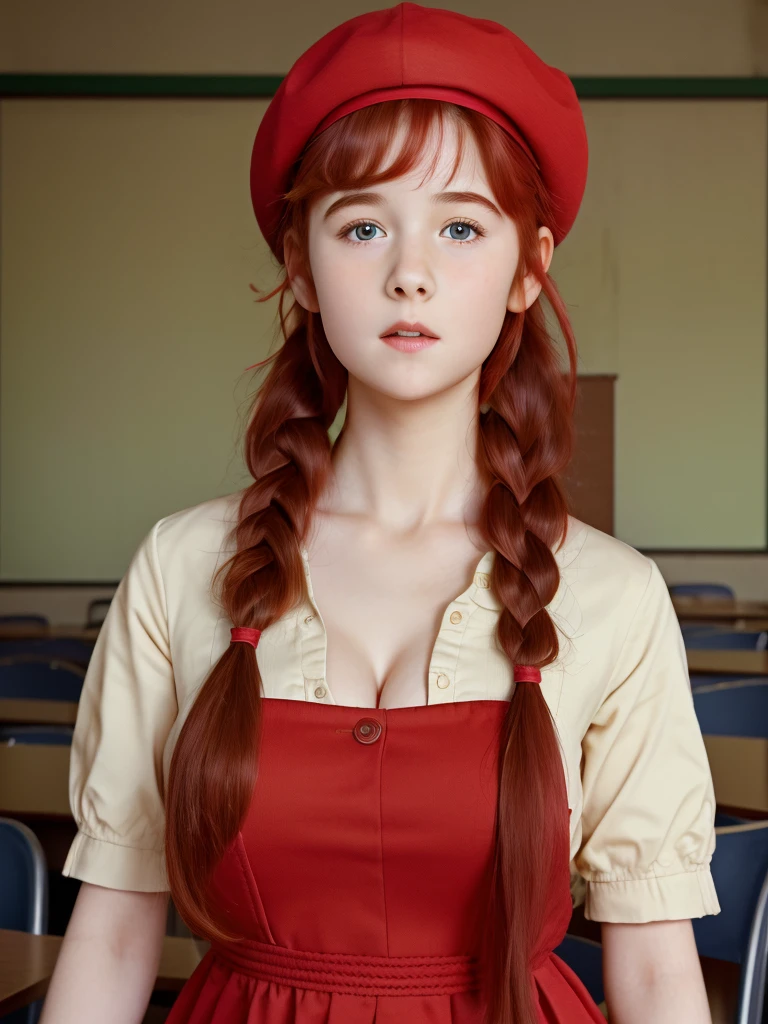 (best quality,4k,8k,highres,masterpiece:1.2),ultra-detailed,(realistic,photorealistic,photo-realistic:1.37), ((classroom, school girl, she wears dress and beret, shy, braided red hair, pale skin)), ((slim body, very large bust size for her young age))