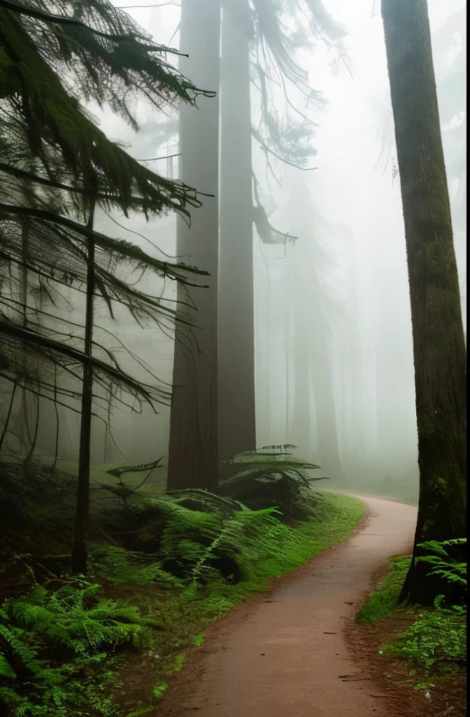 a view of a path through a dense forest in the fog, in a foggy redwood forest, misty forest, foggy jungle, eerie jungle, foggy forest, eerie!!! atmosphere, ancient forest like fanal forest, in the foggy huge forest, ominous and eerie forest, misty woods, beautiful and mysterious, in a foggy forest, on a misty forest