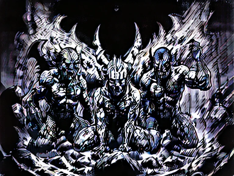monochrome).(rule of thirds),((hyper-realistic illustration:1.4)), InkStyle. A group of grotesque low level demons, with razor sharp fangs and claws, gnashing teeth. dark mood, single light source, wide angle shot, film grain. Masterpiece, best quality(highly detailed:1.2),(detailed face and eyes:1.2), depth of field, 8k wallpaper, natural lighting, core shadows, high contrast, bokeh.
