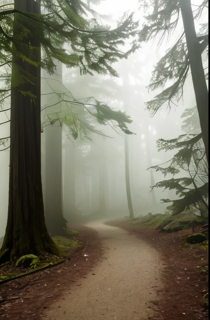 a view of a path through a dense forest in the fog, in a foggy redwood forest, misty forest, foggy jungle, eerie jungle, foggy forest, eerie!!! atmosphere, ancient forest like fanal forest, in the foggy huge forest, ominous and eerie forest, misty woods, beautiful and mysterious, in a foggy forest, on a misty forest