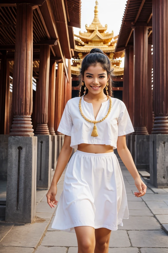 A beautiful cultural girl walk and smiling on the temple 