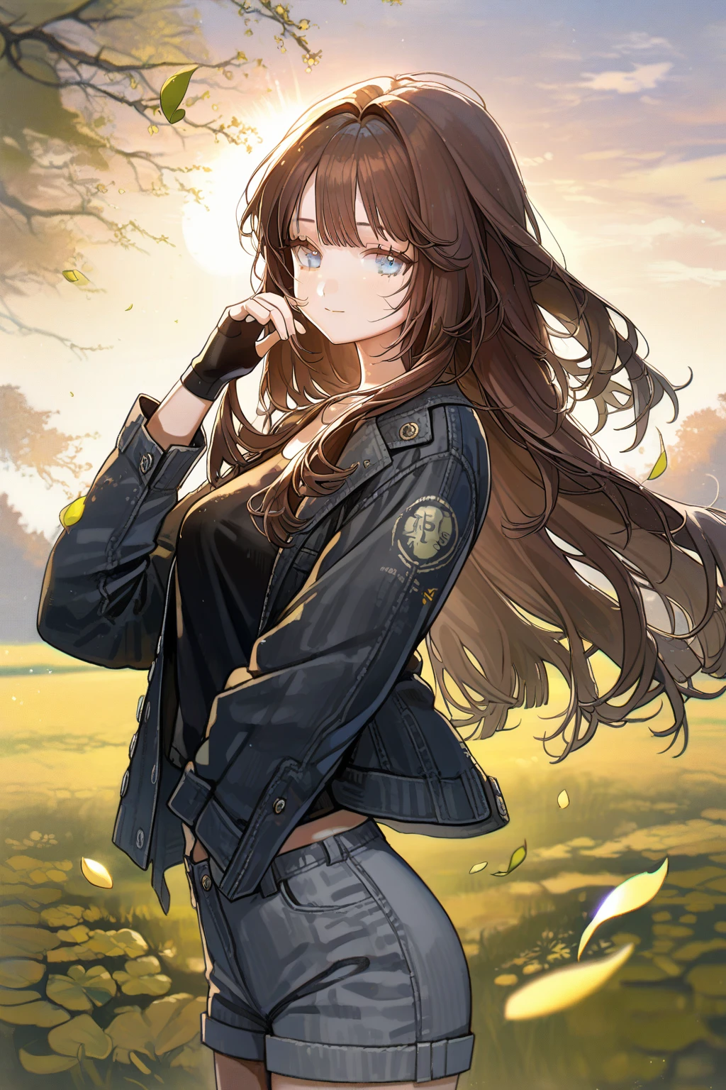 1 girl, CuteStyle, blue eyes, brown hair, long hair with bangs, flowing hair, upper body, dressed in a black T-shirt and gray shorts, black fingerless gloves, black denim jacket unbuttoned with long sleeves, standing in a field, grass, trees on the horizon, beautiful clouds, sunset, rays of the sun, specks of dust in the air, petals of green leaves, wind, light, looking at the viewer, a small smile, calm gaze, detailed, beautiful, blurred background, delicate tones