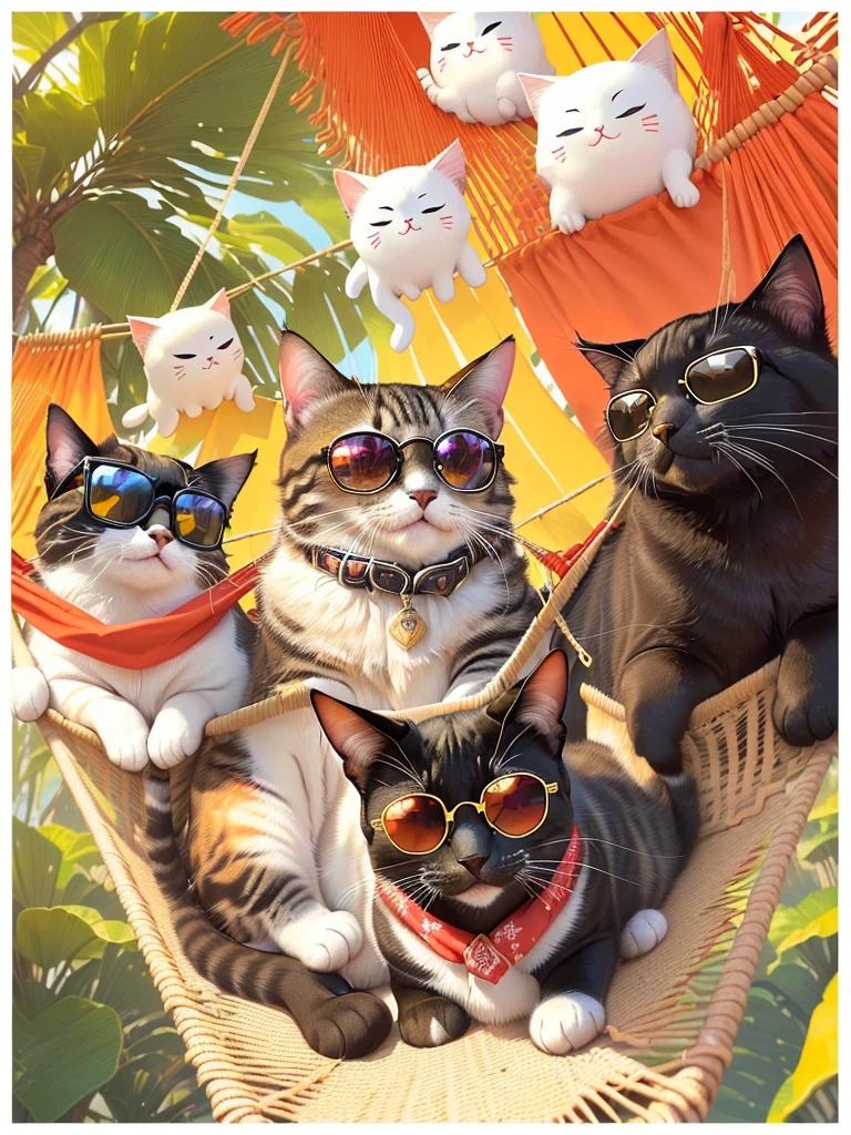 a close up of a Cat wearing sunglasses on a hammock, 💣 💥, 😃😀😄☺🙃😉😗, Happy Cat, ❤🔥🍄🌪, 💣 💥💣 💥, Happy, 🔥 😎 🕹️ 👀 :2, Ghost Festival, Wow, !!!! Cat!!!!, there is nothing, author:Li Keran, the Cat is smiling