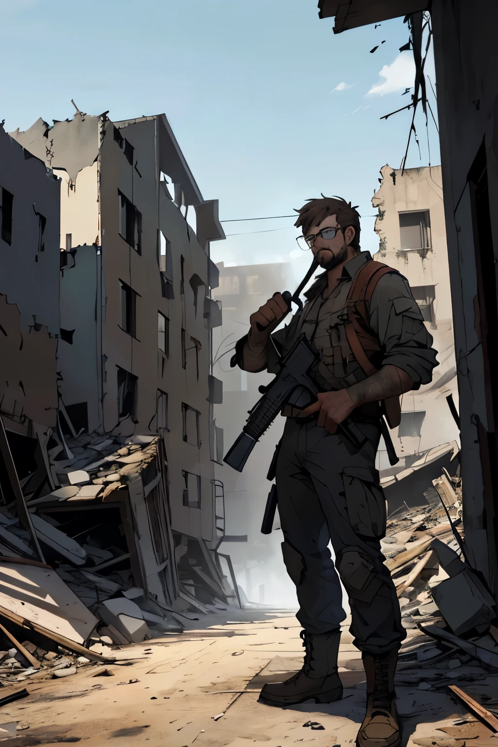 Post apocalypse, a guy with a Kalashnikov assault rifle in round welding glasses looks at the ruins, Russia, overcast,