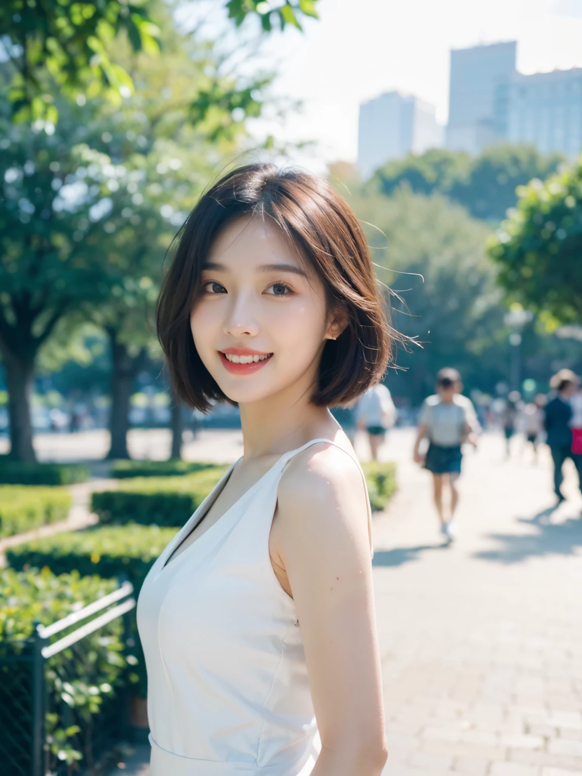 (Best quality,8K,masterpiece:1.3),(Sharp focus:1.2),(Girl in the park:1.2),(Perfect body:1.4),high resolution,4K,A genuine,Ultra-clear,light dress, 1 girl , Short and delicate hair,Show teeth when smiling,On the street