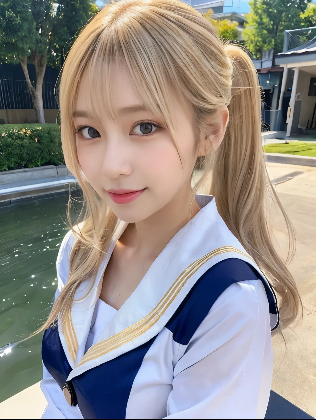 (Cowboy Shot:1.3),( Masterpiece, Highest quality), 98k, ((Perfect Anatomy:1.2)),Beautiful Japanese Women, Succubus,(One person:1.3), 20-year-old, Small face,(Cute face:1.2),Smiling, Larger breasts, ,Beautiful and detailed eyes, Evenly spaced eyes 1.2, long platinum blonde hair,(ponytail:1.2), (Highly detailed face and skin texture), Beautiful face in golden proportions,White skin,(Sailor suit:1.2),Random sexy poses、(Expose the valley:1.3),(Exposing your thighs:1.2),Gal Makeup