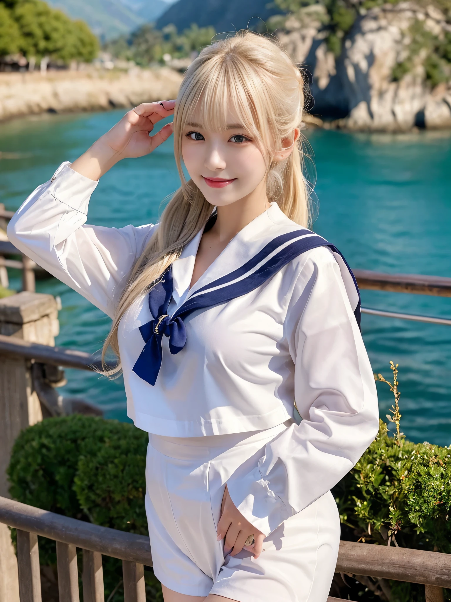 (Cowboy Shot:1.3),( Masterpiece, Highest quality), 98k, ((Perfect Anatomy:1.2)),Beautiful Japanese Women, Succubus,(One person:1.3), 20-year-old, Small face,(Cute face:1.2),Smiling, Larger breasts, ,Beautiful and detailed eyes, Evenly spaced eyes 1.2, long platinum blonde hair,(ponytail:1.2), (Highly detailed face and skin texture), Beautiful face in golden proportions,White skin,(Sailor suit:1.2),Random sexy poses、(Expose the valley:1.3),(Exposing your thighs:1.2),Gal Makeup