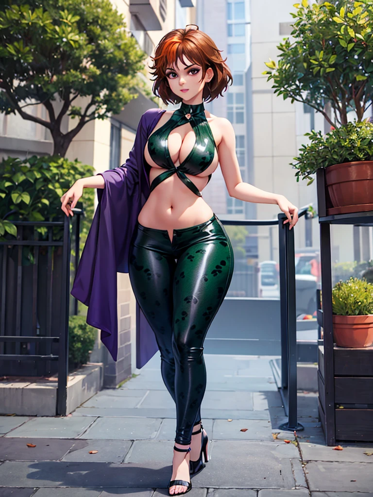 merula, full body, thighs, purple high heels, solo girl, medium tits, dark green animal print pants , nude tits