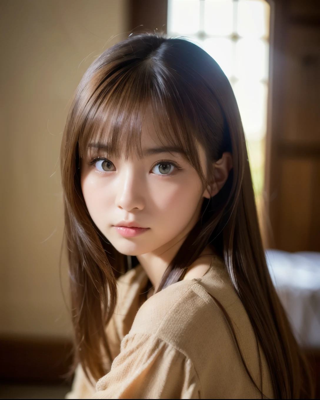 Highest quality, Face Focus, Soft Light, Ultra-high resolution, (Realistic:1.4), RAW Photos,
1 Japanese girl, alone, cute, (pupil, Light in your eyes), Beautiful face in every detail, (Small box),(High resolution detail of human skin texture),
(Long Hair),Brown hair indoors,
Damask Shirt Dress,
(Portraiture)