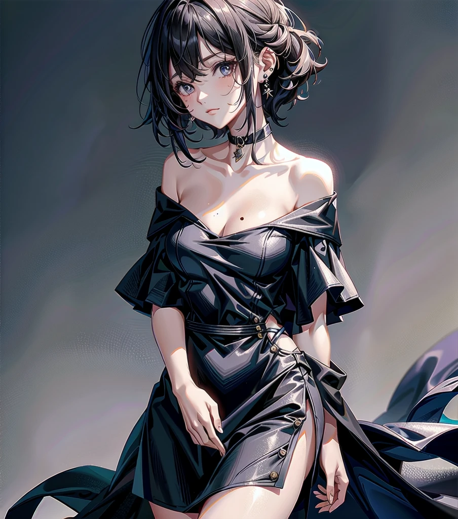 whole body, earring, medium hair, medium tits, tearful mole, dress, off-shoulder, bare collarbone, school_uniform,
