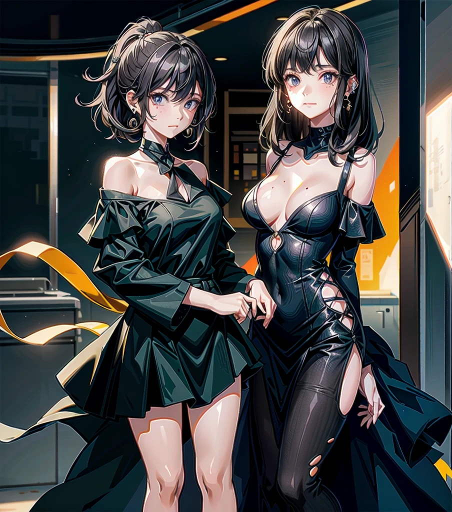 whole body, earring, medium hair, medium tits, tearful mole, dress, off-shoulder, bare collarbone, school_uniform,
