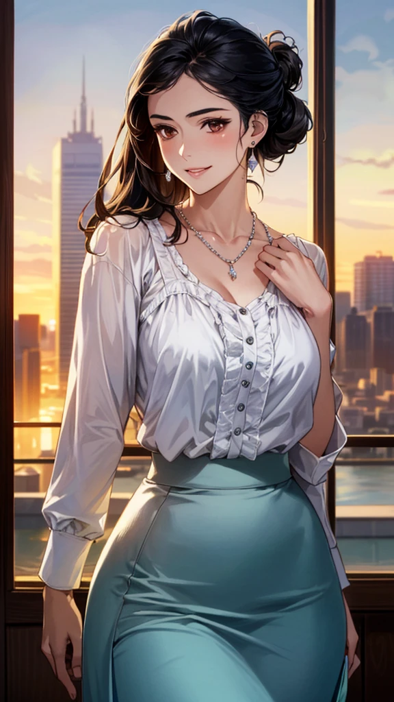 (masterpiece:1.2, highest quality), (realistic, photorealistic:1.4), beautiful illustrations, (natural side lighting, movie lighting), Depth of written boundary, 
looking at the viewer,Front view, 1 girl, English, OL, 30 years old, suit、Jacket、perfect face, Cute symmetrical face, shiny skin, 
random hairstyles、Big eyes, droopy eyes, long eyelashes chest), thin, beautiful thighs、Tall beautiful hair, beautiful face, fine and beautiful eyes, beautiful clavicle, beautiful body, beautiful breasts, beautiful thighs, beautiful feet, beautiful fingers, 
((fine fabric texture)), 
(beautiful scenery), evening, (Business office background), Are standing, (smile),  (((skirt lift, Panties and pantyhose are visible)))