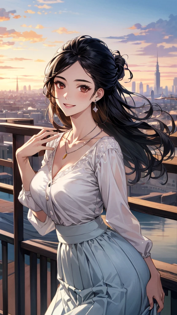 (masterpiece:1.3, Highest quality, Ultra-high resolution, Super detailed), (Realistic, photoRealistic:1.4), Beautiful illustrations, Perfect lighting, colorful, Depth of written boundary, 
Beautiful detailed hair, Beautifully detailed face, Beautiful fine details, Beautiful clavicle, Beautiful body, Beautiful breasts, Beautiful thighs, Beautiful feet, Beautiful fingers, 
View Viewer, Front view:0.6, 1 girl, Japanese, Female college student, Perfect Face, (Perfect Anatomy, Anatomically correct), Cute and symmetrical face, Baby Face, , Shiny skin, 
((blouse：1.4, Long skirt:1.4)), 
(Black Hair, Updo Hair:1.4),  Brown eyes, (Large Breasts), thin, 
necklace, Earrings, 
(Beautiful views), evening, (city, cityscape in the distance), Are standing, (Place your hand on your chest), (Smile, Lips parted), 