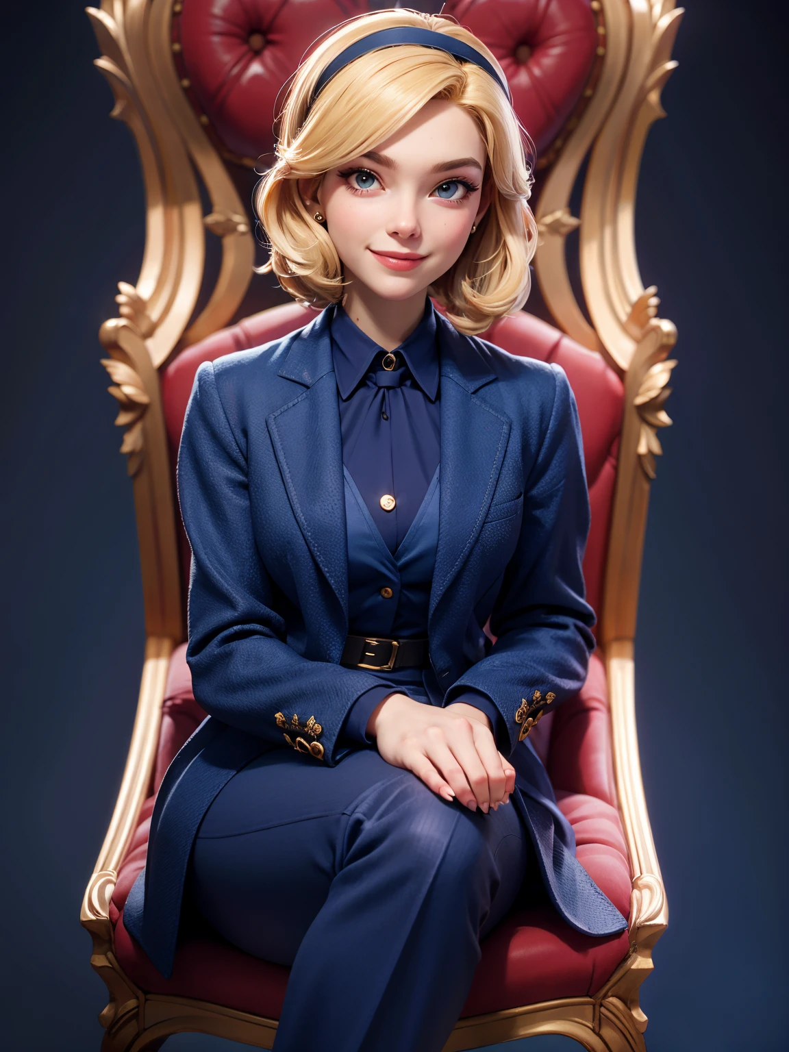 3DMM Style, (Masterpiece, Top Quality, Best Quality, Official Art, Beauty and Aesthetics: 1.2), (Fractal Art: 1.3), 1 Girl, Beautiful, High Detail, Blonde, Short Hair, Hairband, Dark Light, Smiling Face, Sitting in a Noble Chair, Sky, Medium Background, Flowing Skirt, (((Dark Blue Three-Piece Suit))), Shirt, Tie, Sport Coat, Blazer, Vest, Tight Skirt, Jewelry