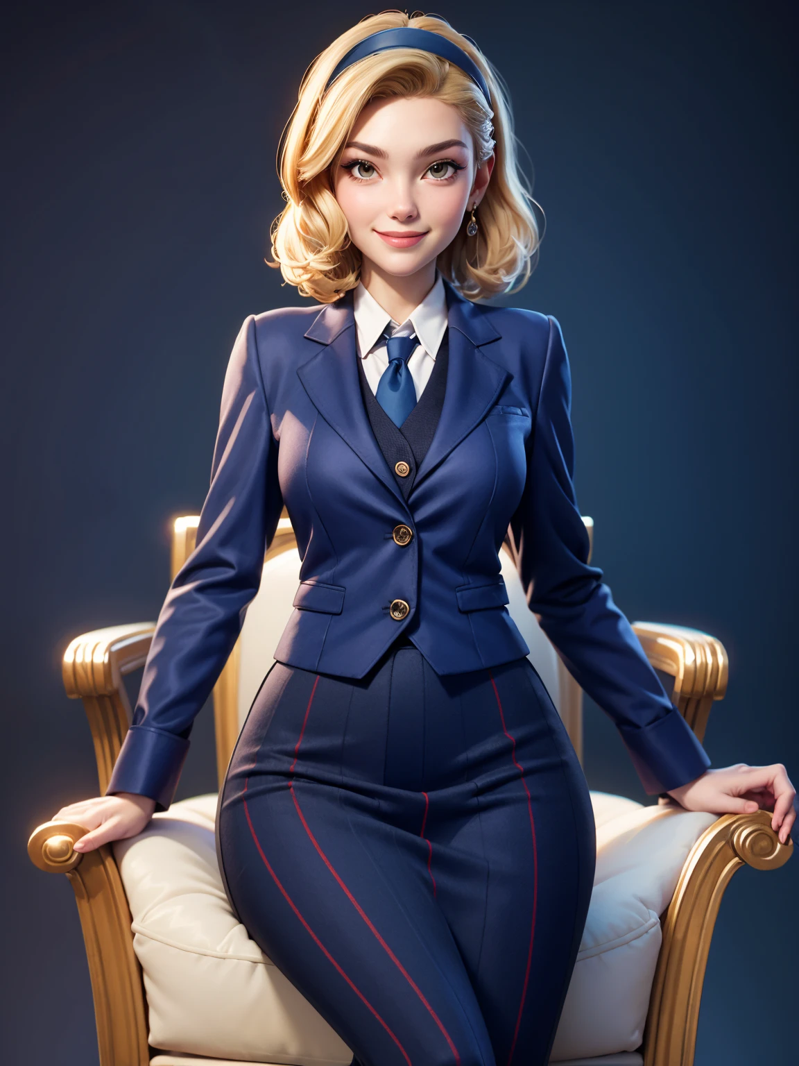 3DMM Style, (Masterpiece, Top Quality, Best Quality, Official Art, Beauty and Aesthetics: 1.2), (Fractal Art: 1.3), 1 Girl, Beautiful, High Detail, Blonde, Short Hair, Hairband, Dark Light, Smiling Face, Sitting in a Noble Chair, Sky, Medium Background, Flowing Skirt, (((Dark Blue Three-Piece Suit))), Shirt, Tie, Sport Coat, Blazer, Vest, Tight Skirt, Jewelry