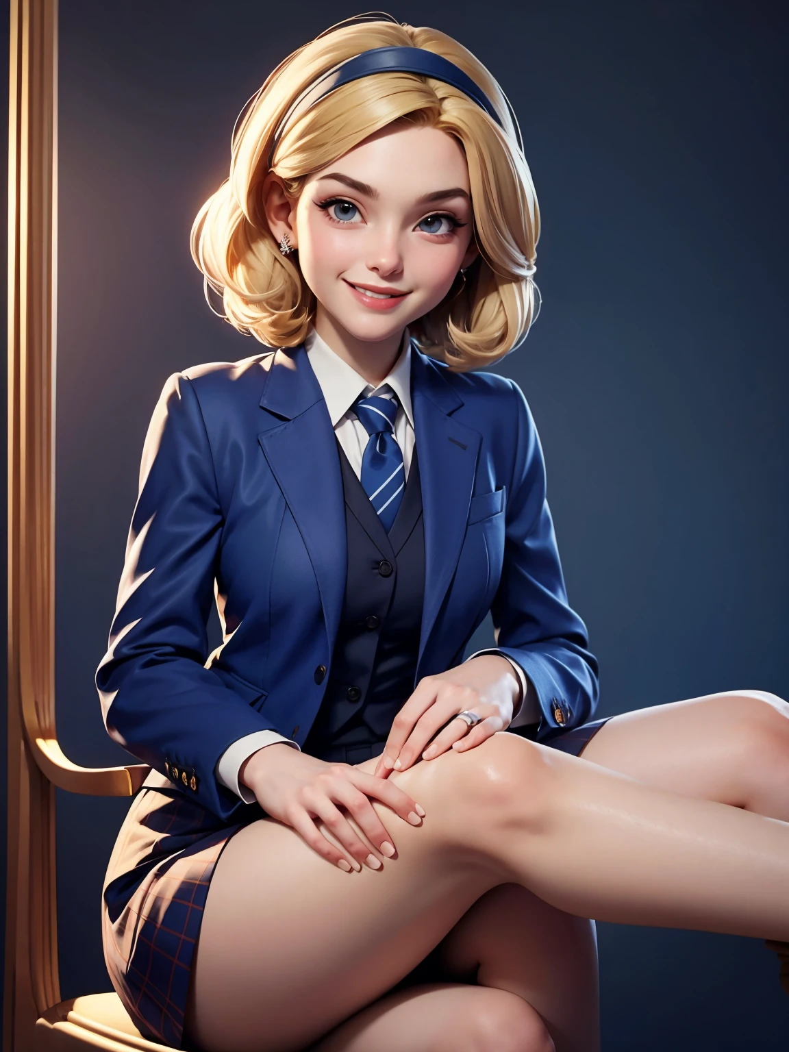3DMM Style, (Masterpiece, Top Quality, Best Quality, Official Art, Beauty and Aesthetics: 1.2), (Fractal Art: 1.3), 1 Girl, Beautiful, High Detail, Blonde, Short Hair, Hairband, Dark Light, Smiling Face, Sitting in a Noble Chair, Sky, Medium Background, Flowing Skirt, (((Dark Blue Three-Piece Suit))), Shirt, Tie, Sport Coat, Blazer, Vest, Tight Skirt, Jewelry