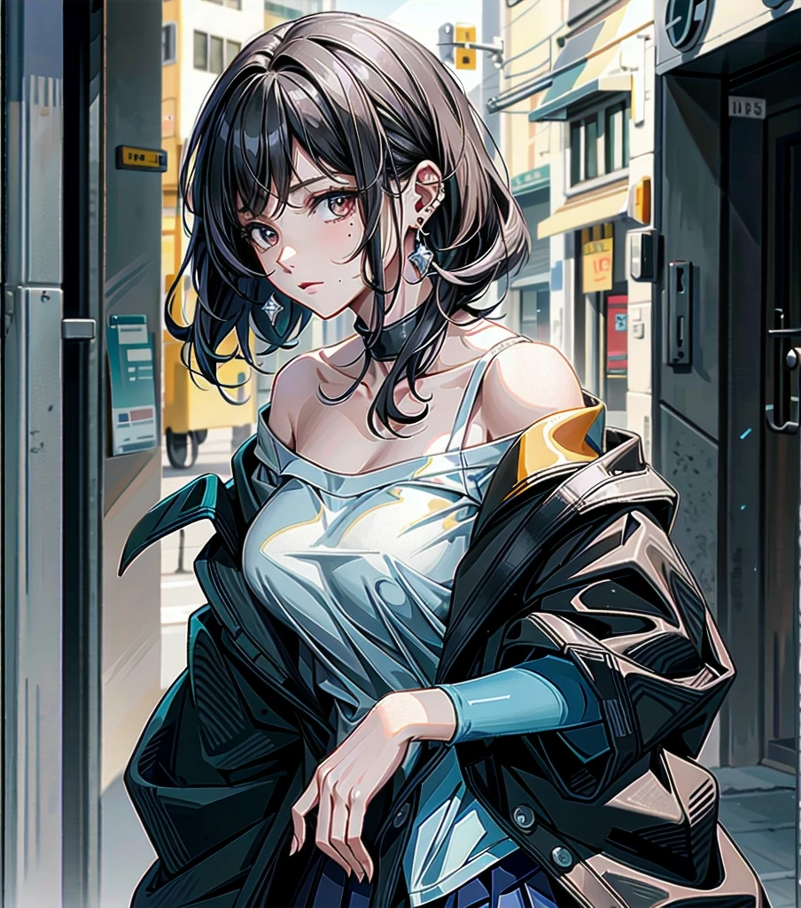 whole body, earring, medium hair, medium tits, tearful mole, off-shoulder, bare collarbone, school_uniform,