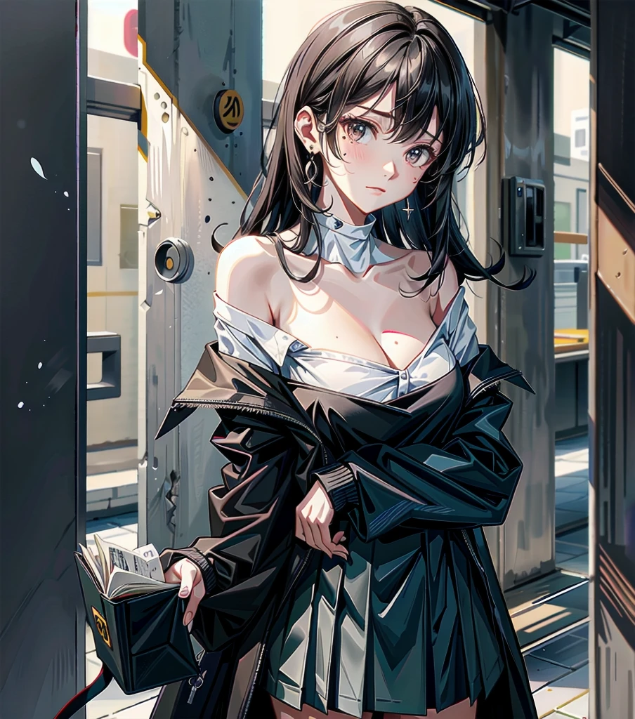 whole body, earring, medium hair, medium tits, tearful mole, off-shoulder, bare collarbone, school_uniform,