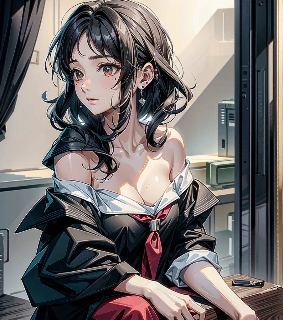 whole body, earring, medium hair, medium tits, tearful mole, off-shoulder, bare collarbone, school_uniform,