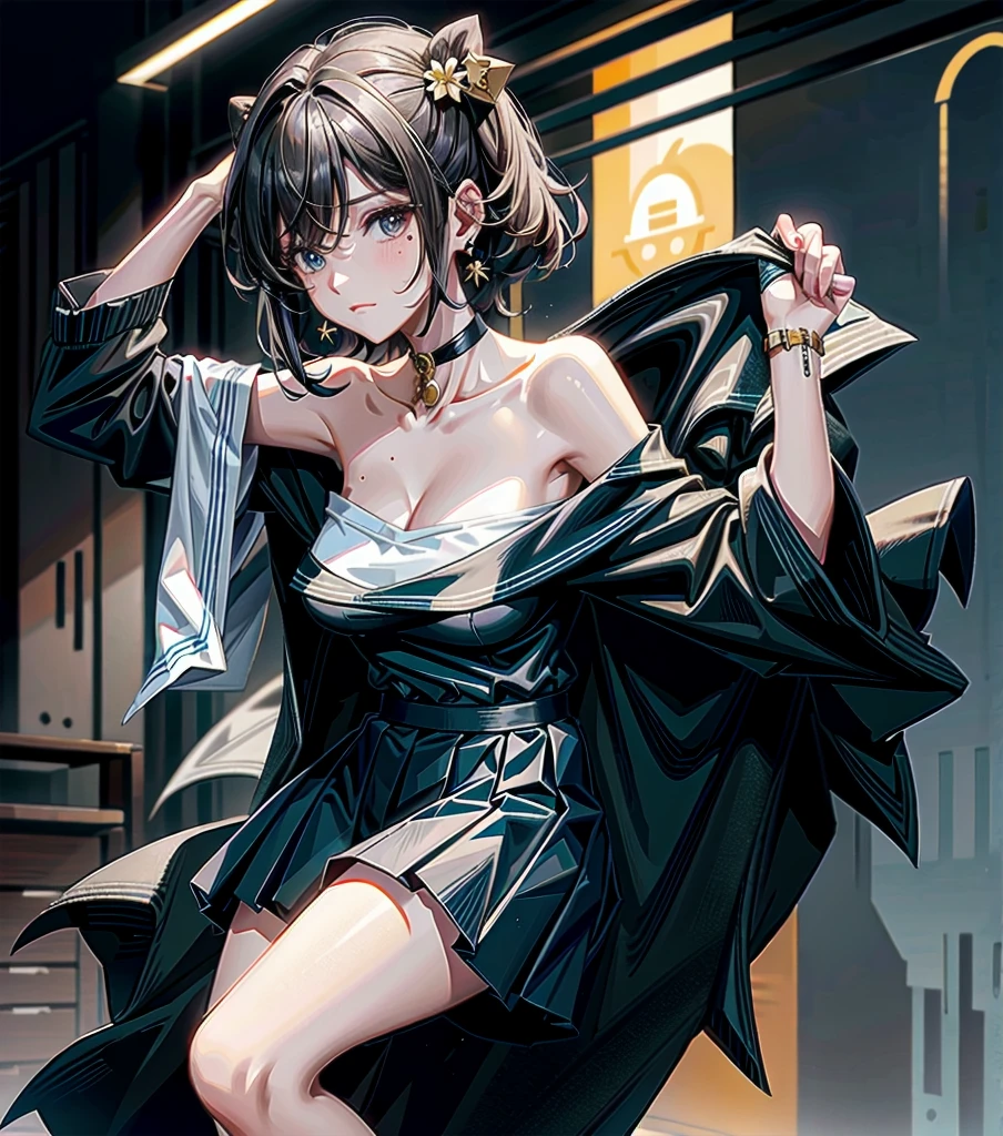masterpiece, Highest quality, One girl, alone, Fater \(Arknights\), Panda Ears, Eyebrow, Orange eyes, Grey Hair, Hair on one eye, Long Hair, Multicolored Hair, black striped hair, Twin tails, Large Breasts, Black Chinese Dress, Chinese clothing, Exposing shoulders, White jacket, Black sleeve jacket, Open jacket, Cleavage cutout, Cleavage,standing, Legs,apartfrom