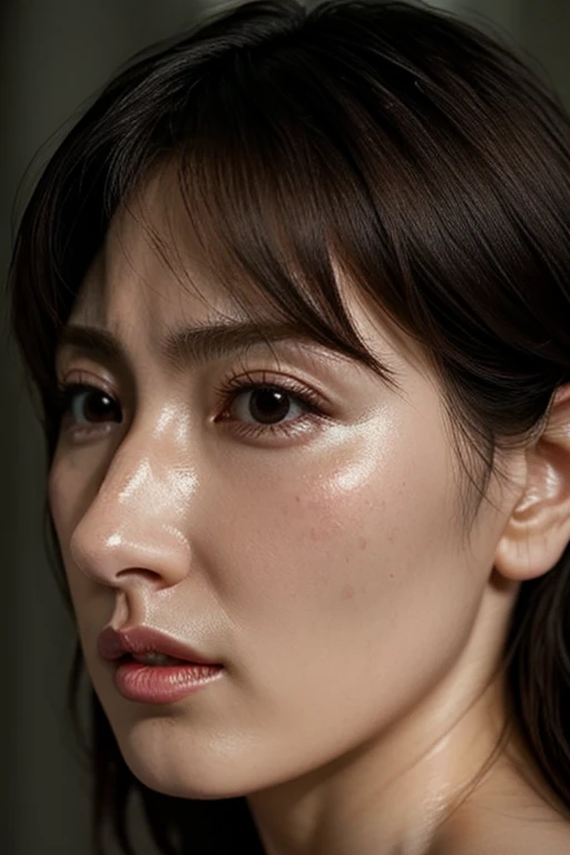 a realistic representation of the face,extremely detailed nose,glossy lips,pores,hyper realistic detail shiny skin,furrowed brow, frown, jitome, scowl
